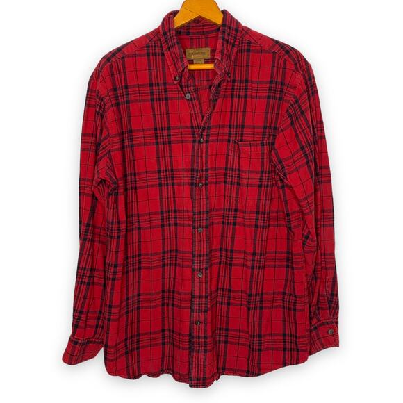 Vintage 90s St. John's Bay men's red plaid flannel button down shirt Large Tall - Picture 1 of 6